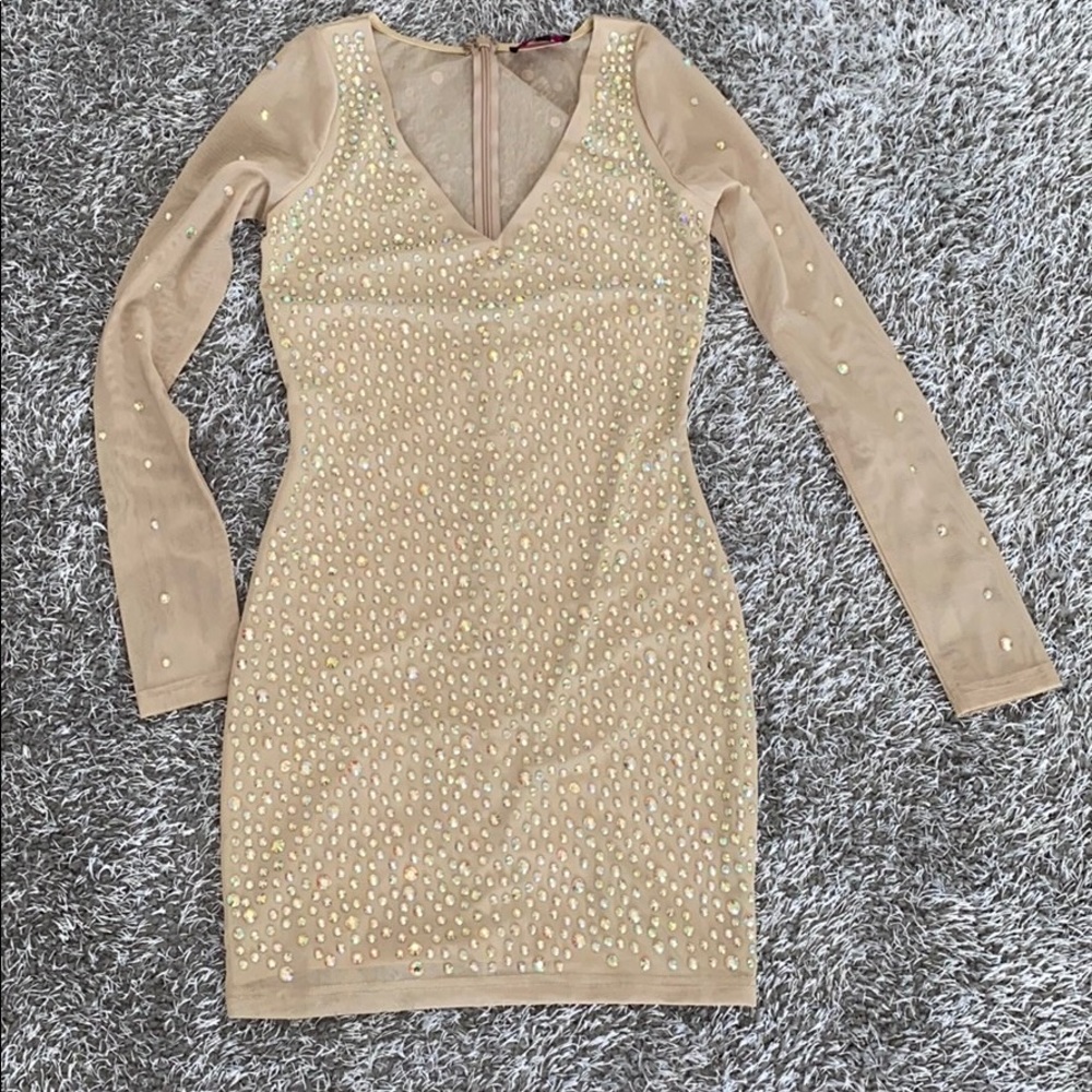 Hot Miami style beige mesh long sleeve Bodycon Dress with rhinestones